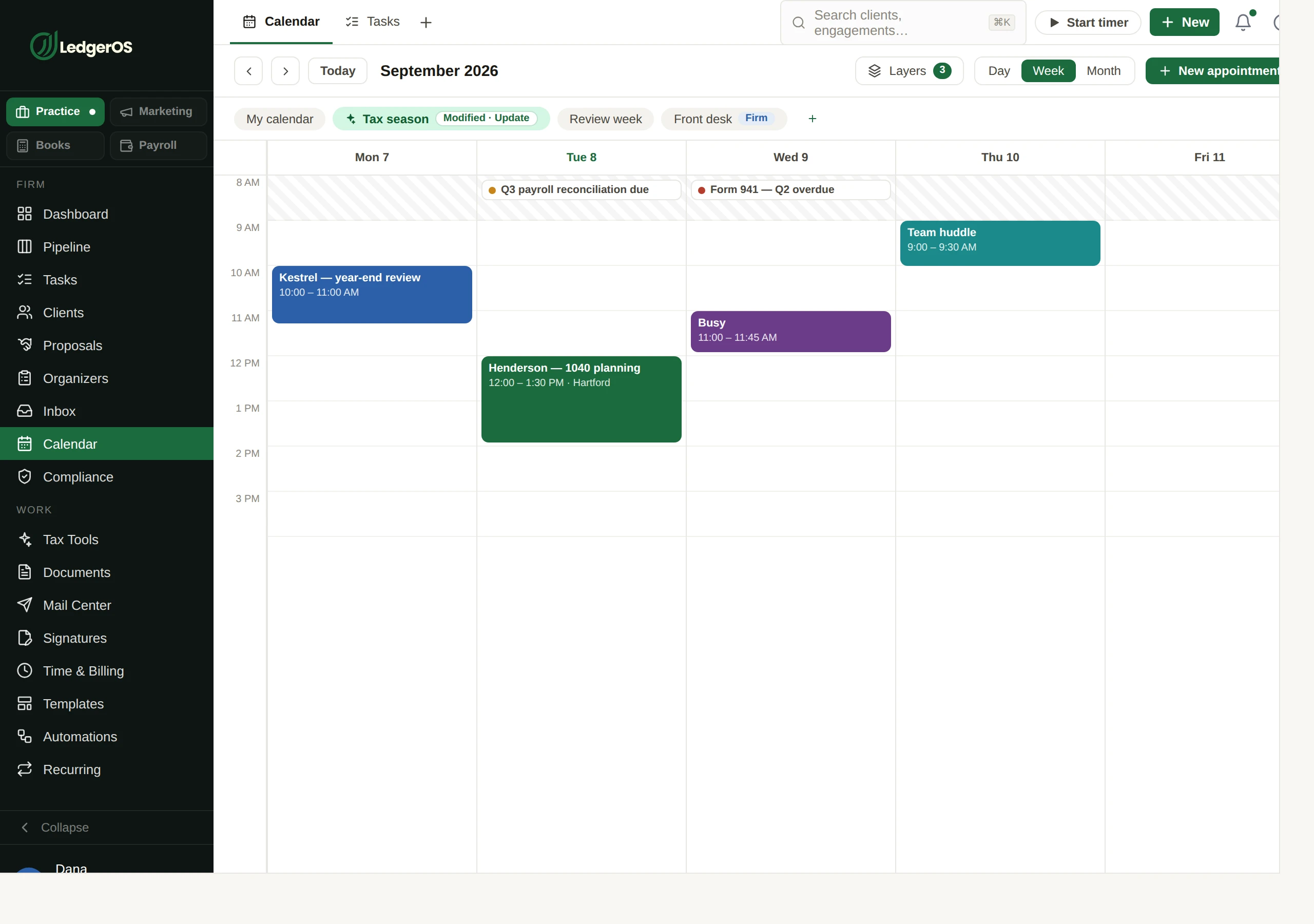 The LedgerOS calendar, showing firm appointments alongside connected external calendars.