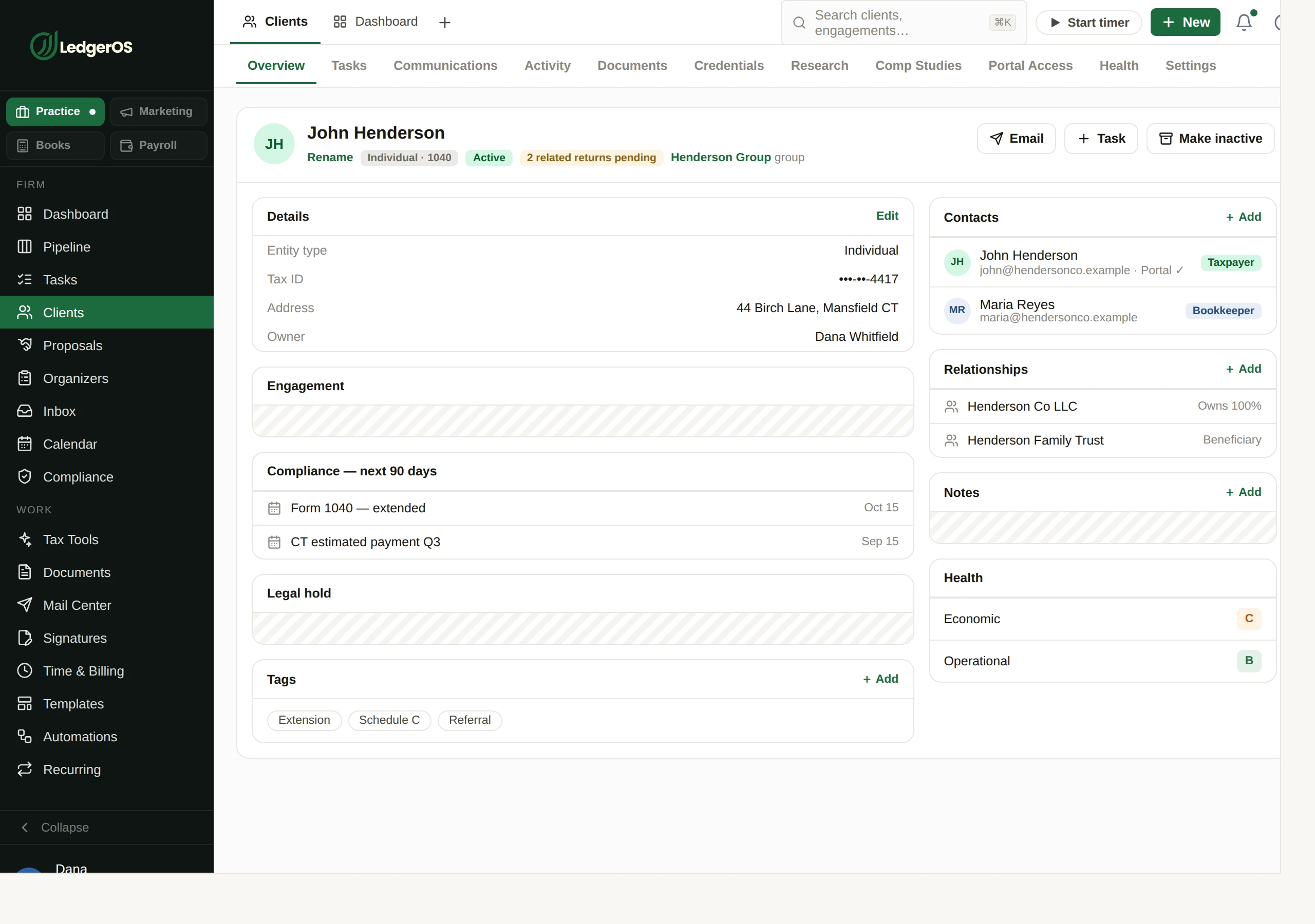 A client record in LedgerOS, with engagements, documents, communications and billing on one page.
