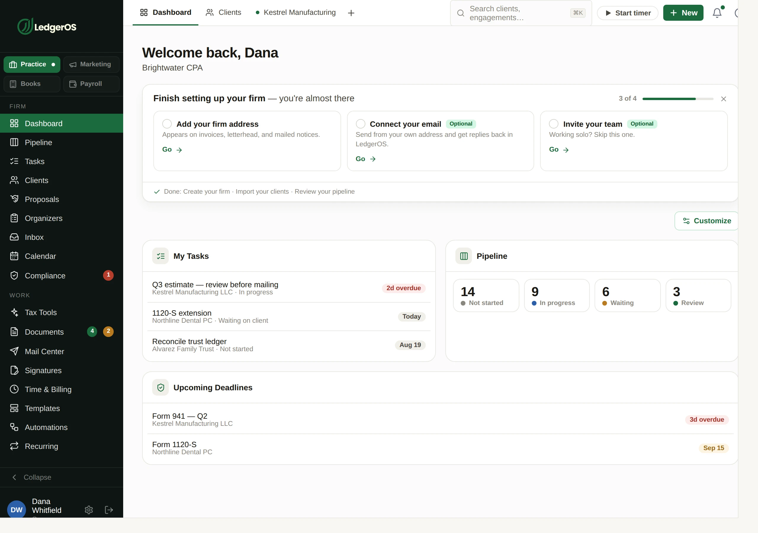 The LedgerOS dashboard, a board of widgets each person arranges for themselves, with a Customize button above it.