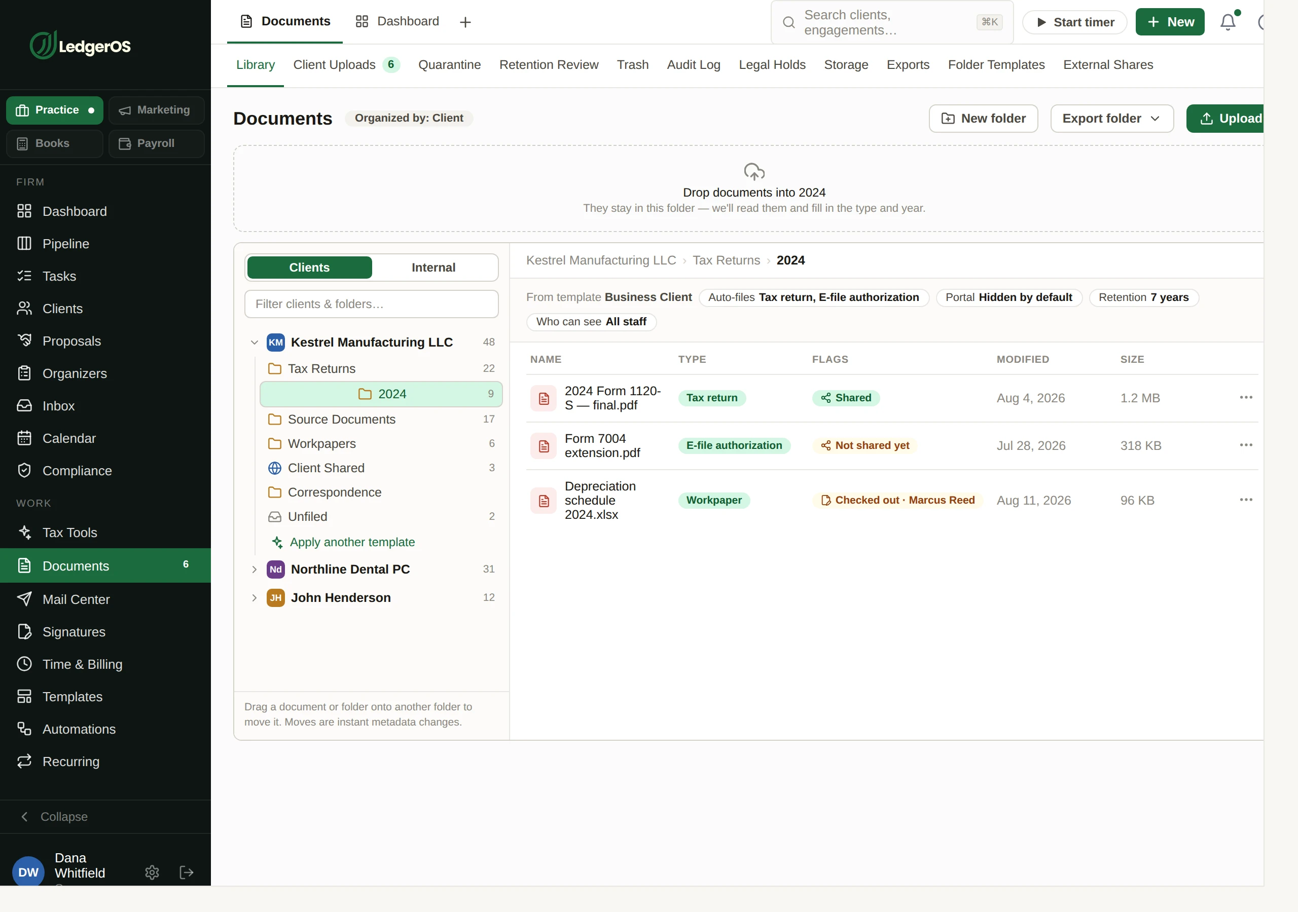 The LedgerOS document library, listing filed client documents with their year, type and version.