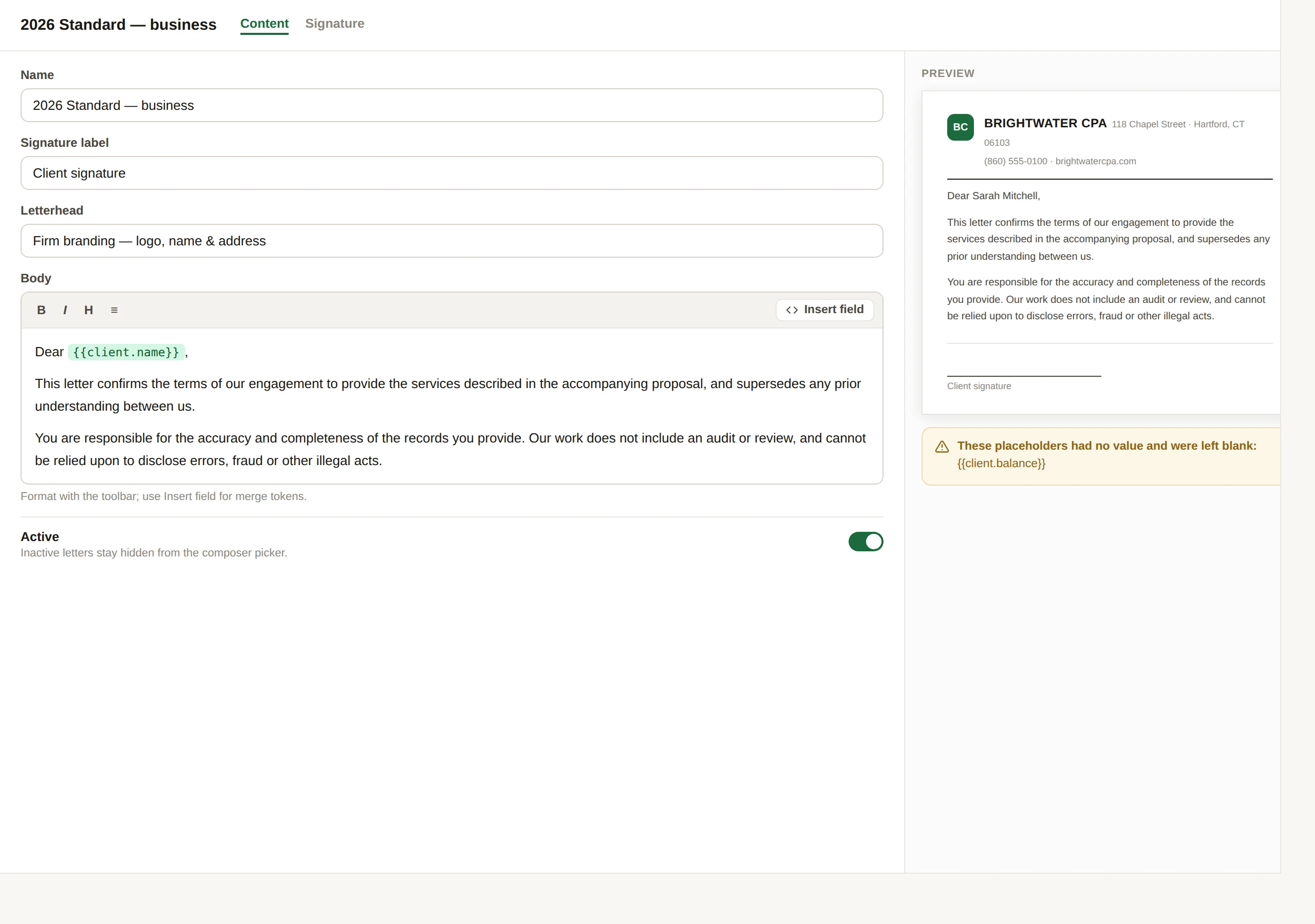 Editing an engagement letter template in LedgerOS, with merge tokens for client and engagement details.