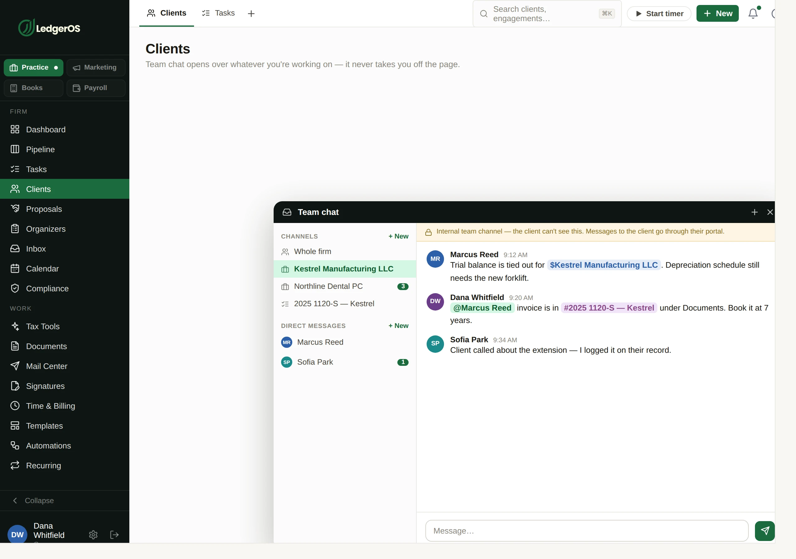 Internal team messaging in LedgerOS, threaded against the work it concerns.