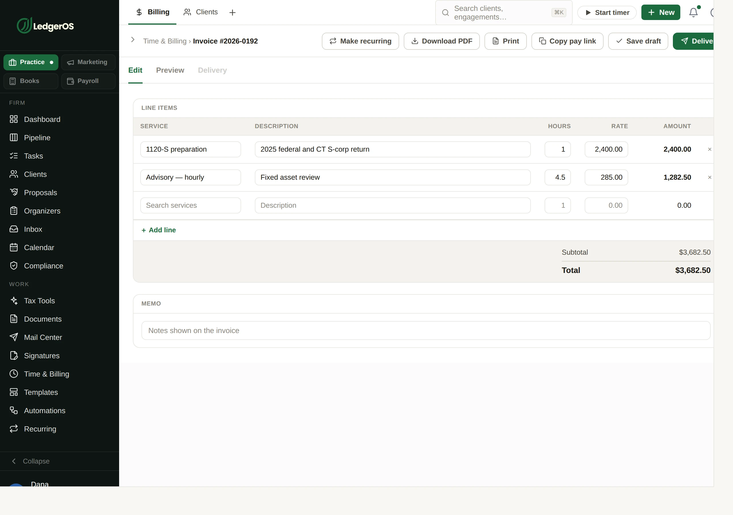 Building an invoice in LedgerOS from time entries and catalog services.