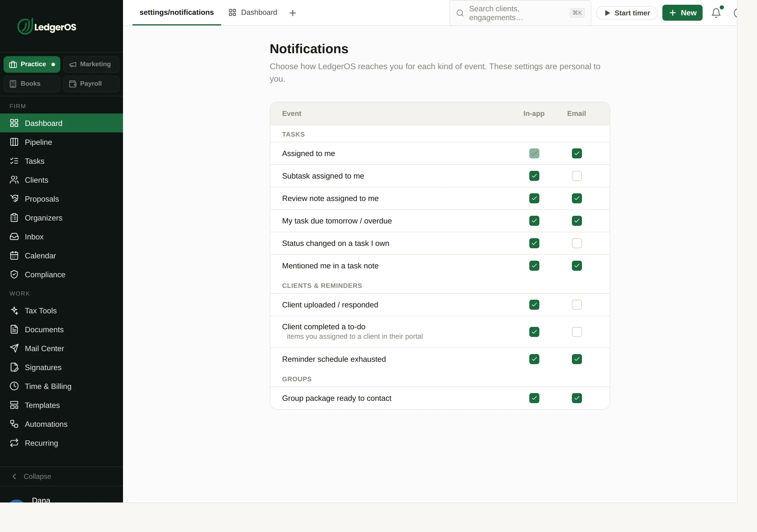 The notification matrix in LedgerOS, where each person chooses what they are told about and how.