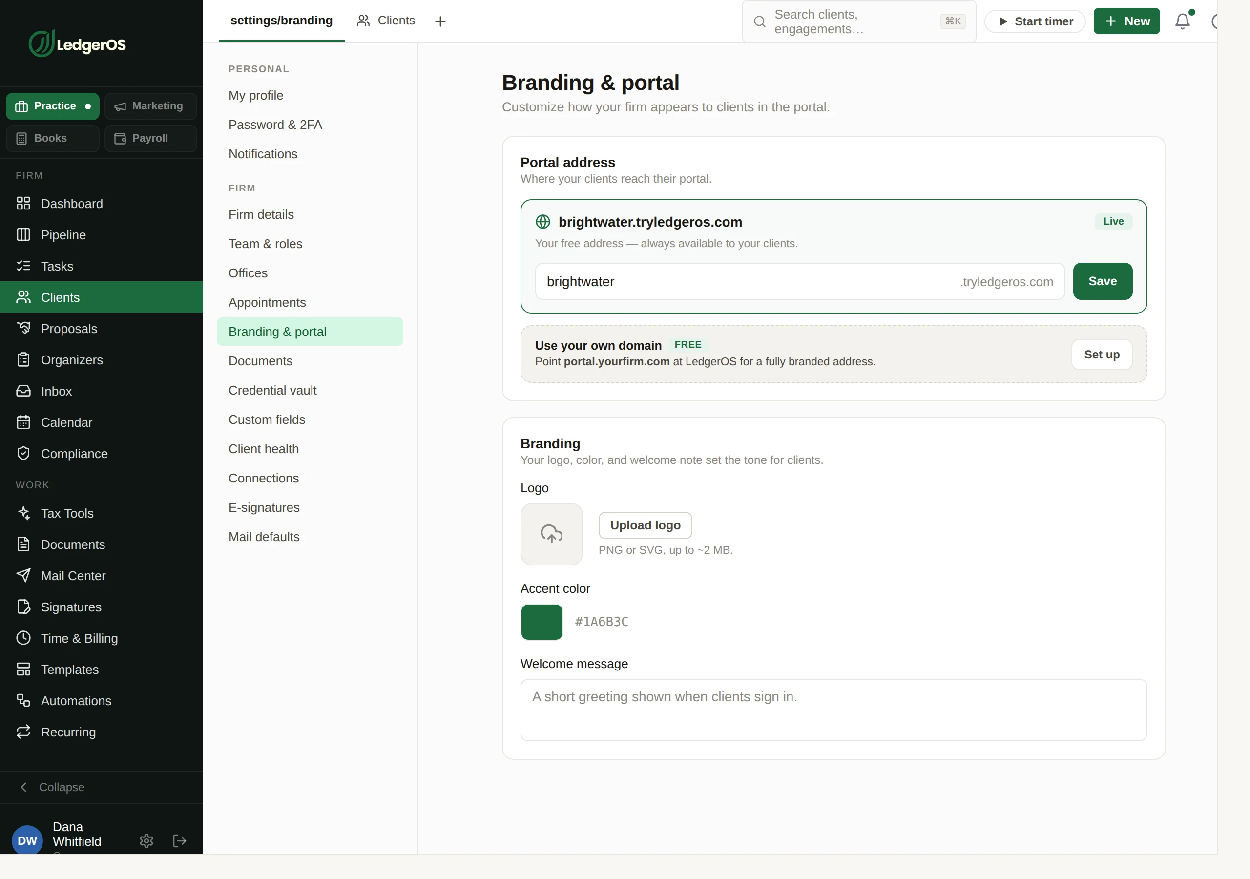 Setting a firm’s own logo, colors and domain on the LedgerOS client portal.