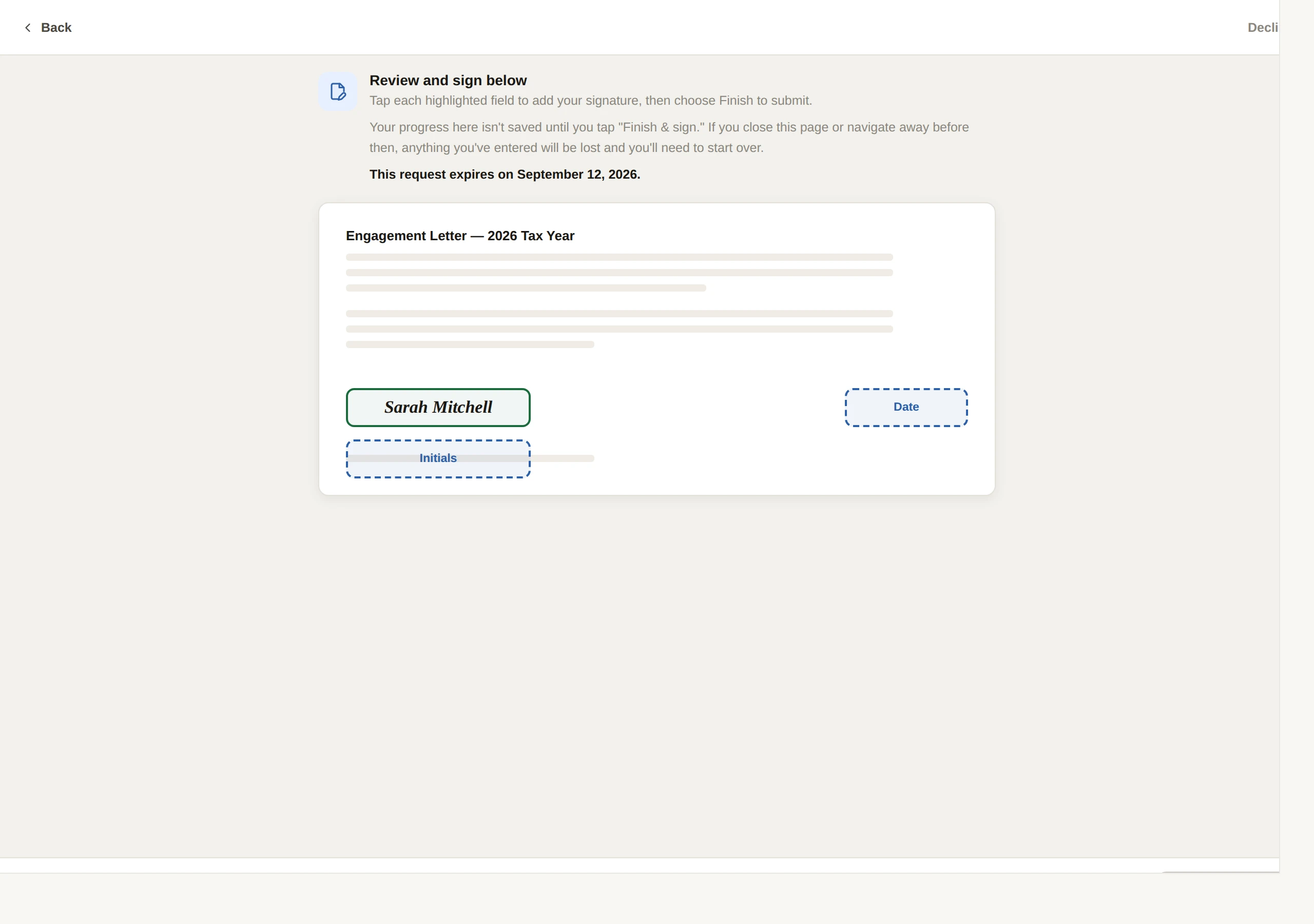 A client reviewing a document for signature in the LedgerOS portal.