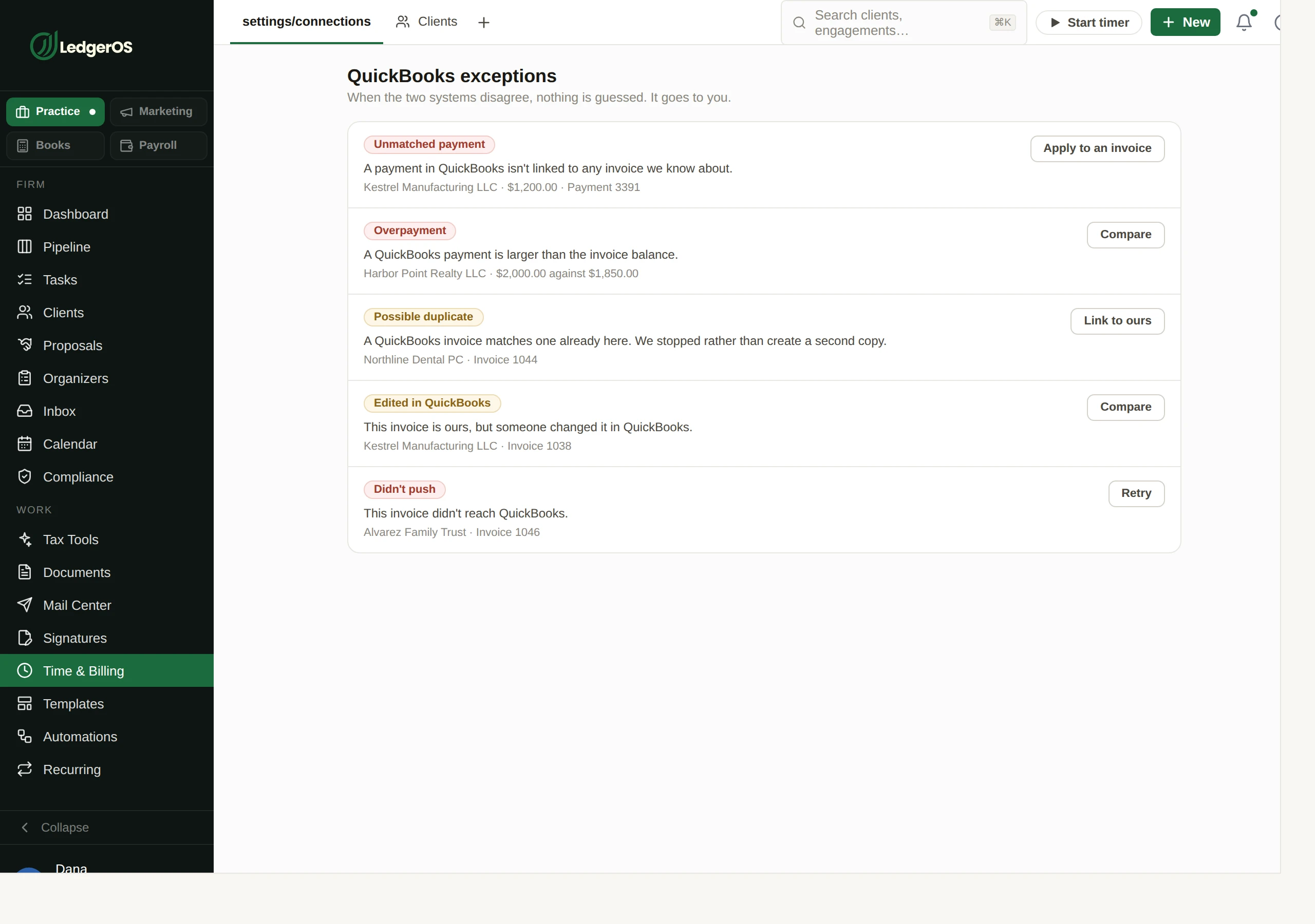 The QuickBooks Online sync exception list in LedgerOS, showing rows that need a decision rather than failing silently.