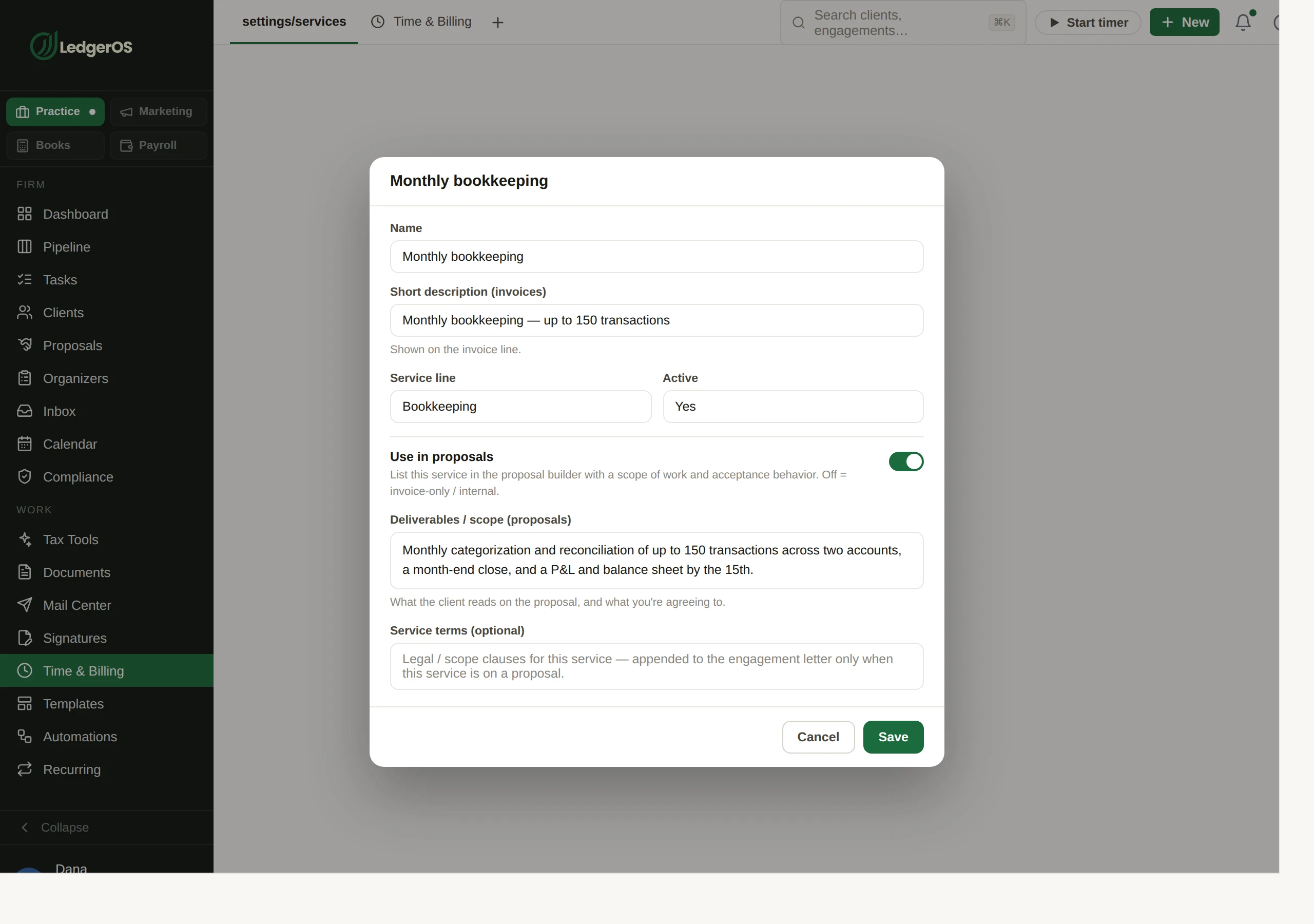 Defining a service in the LedgerOS catalog, with its pricing shape and billing trigger.