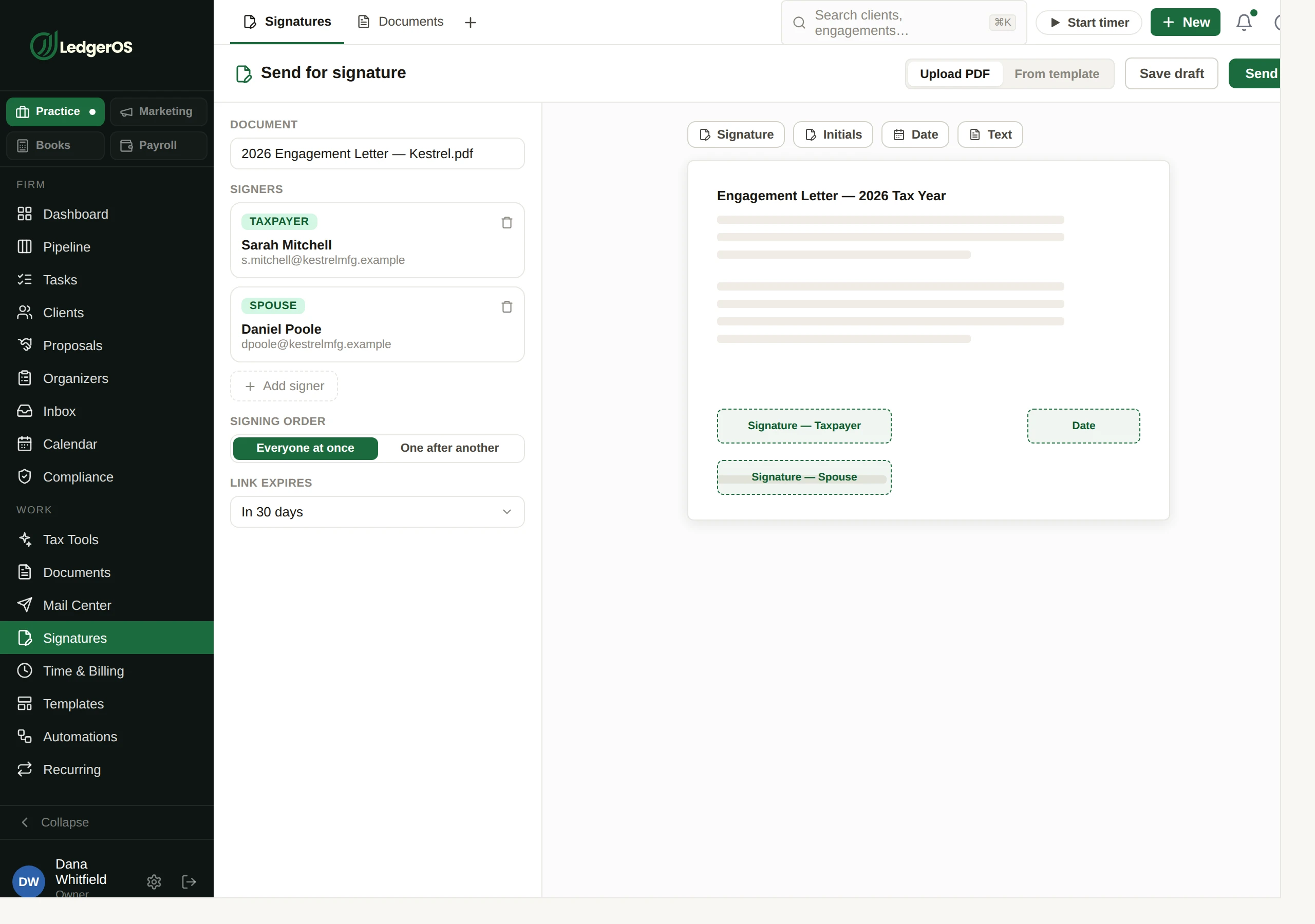 Preparing a document for e-signature in LedgerOS, with signature and date fields placed on the page.