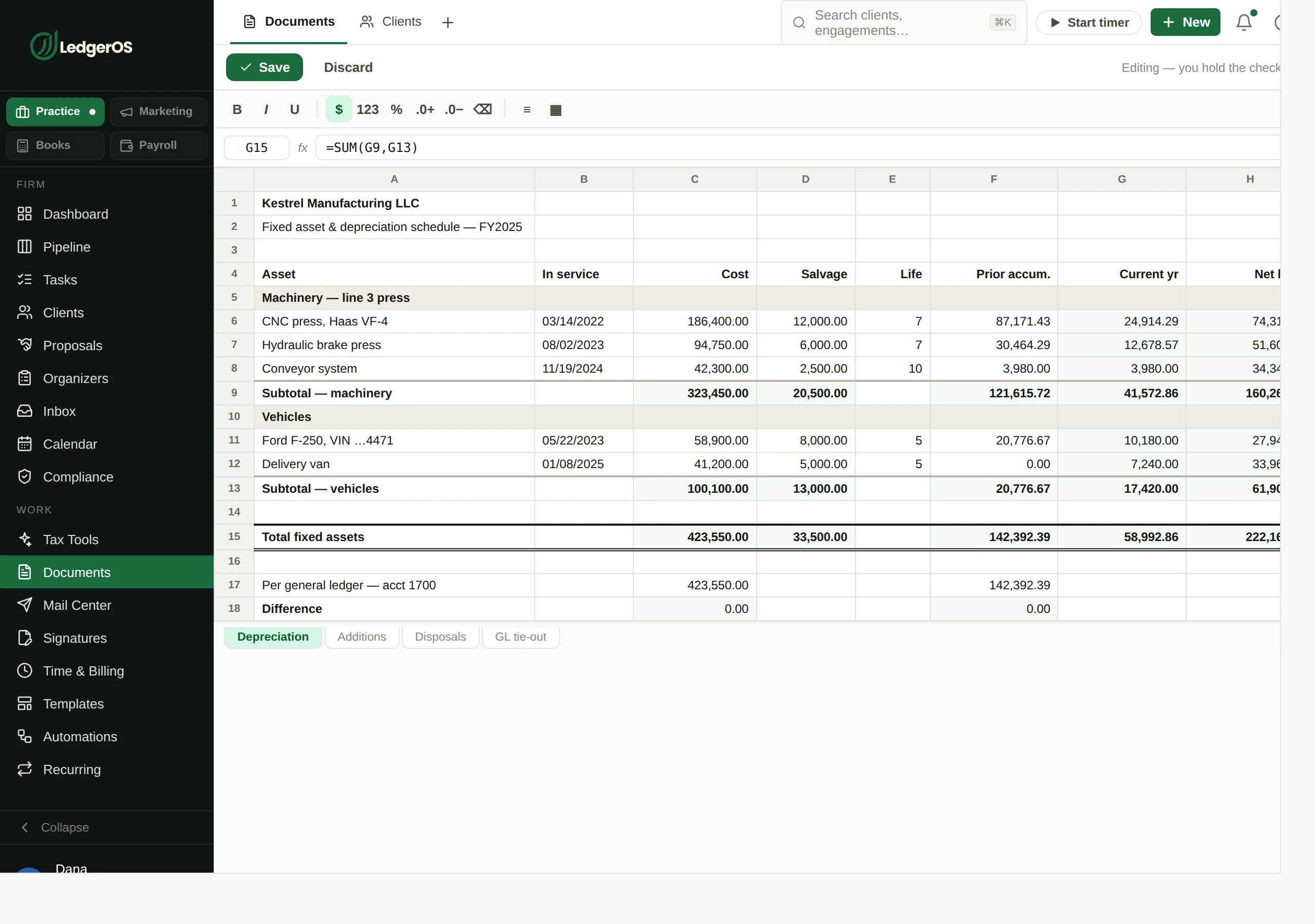 A built-in workpaper spreadsheet in LedgerOS, open on an engagement with its formulas intact.