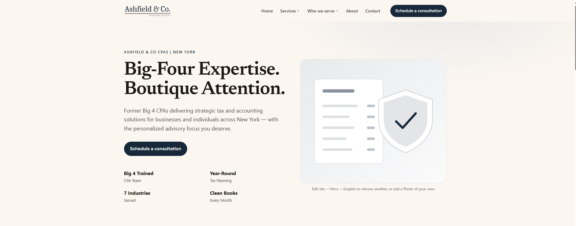 The same firm website in its illustrated direction, with an original drawn graphic in place of the photograph.