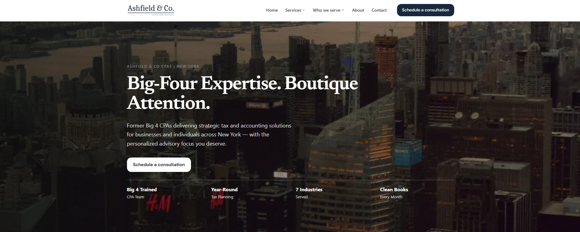 The same firm website led by a photograph of the New York skyline behind the headline and contact bar.