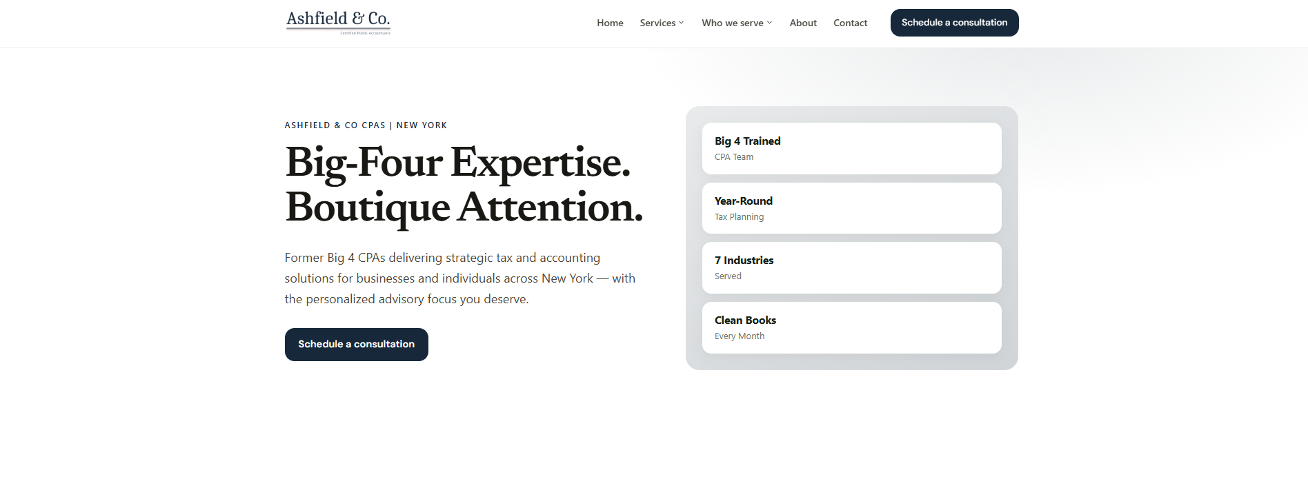 Ashfield & Co., a published LedgerOS firm website: a dark header with the firm’s name, a hero headline and a row of proof points.